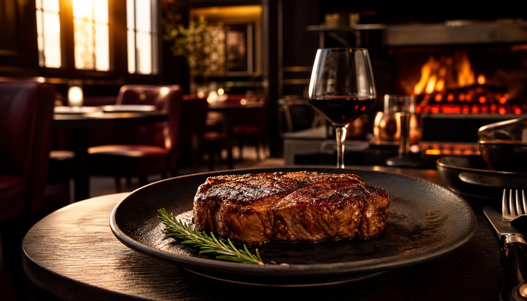 Ambiance chaleureuse du restaurant Le-3A : viande maturée, feu de cheminée et verre de vin